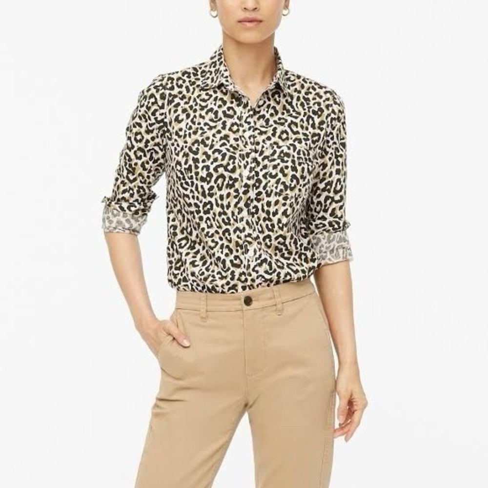 J. Crew Womens Short Large Poplin Leopard Print Button Up Grunge Office Classic